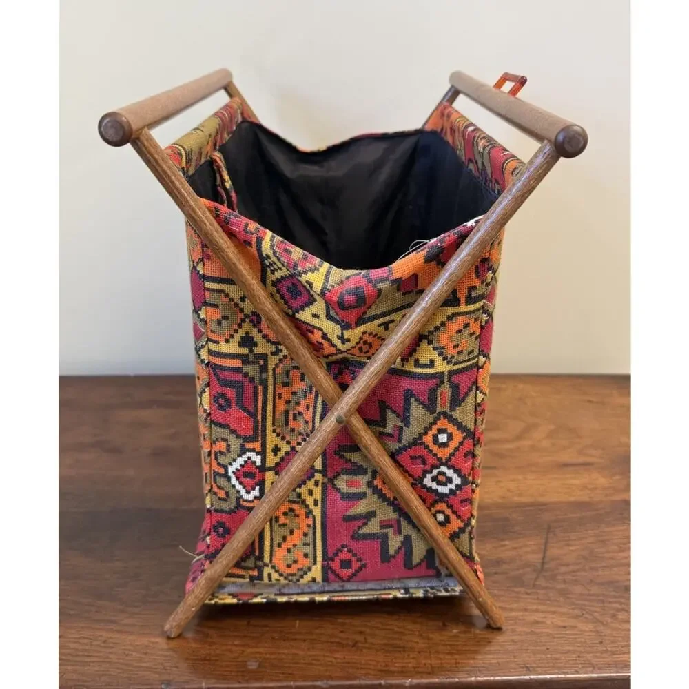 Vintage 1970s Folding Knitting Sewing Basket Wood Frame Kilim Boho 14